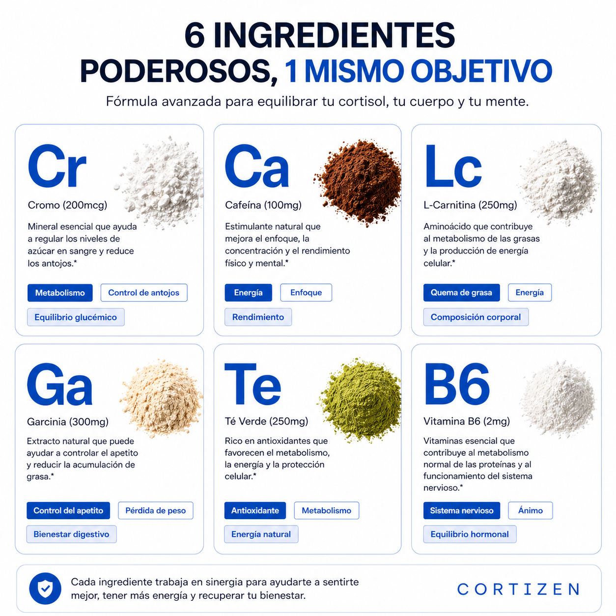 Ingredientes de Cortizen: f&oacute;rmula 6 en 1 con respaldo cient&iacute;fico