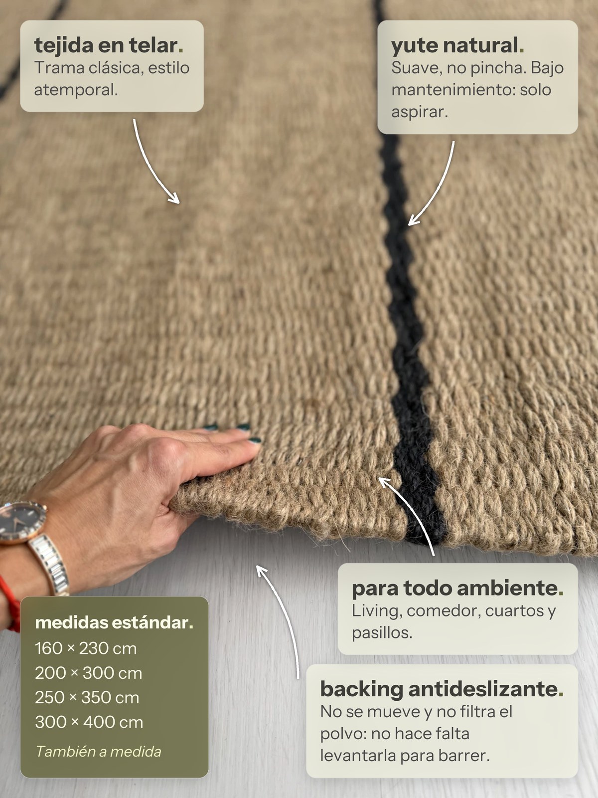 Características de la alfombra Lino de Yute y Rayas Negro de Finia Home