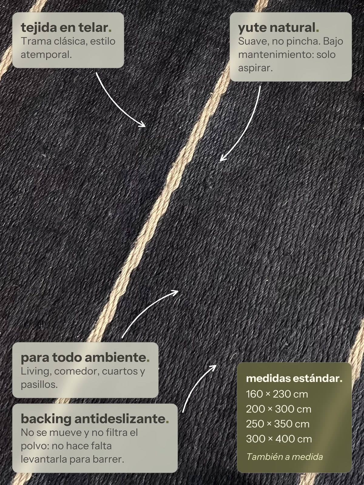 Características de la alfombra Lino de Yute Negro y Rayas Marrón de Finia Home