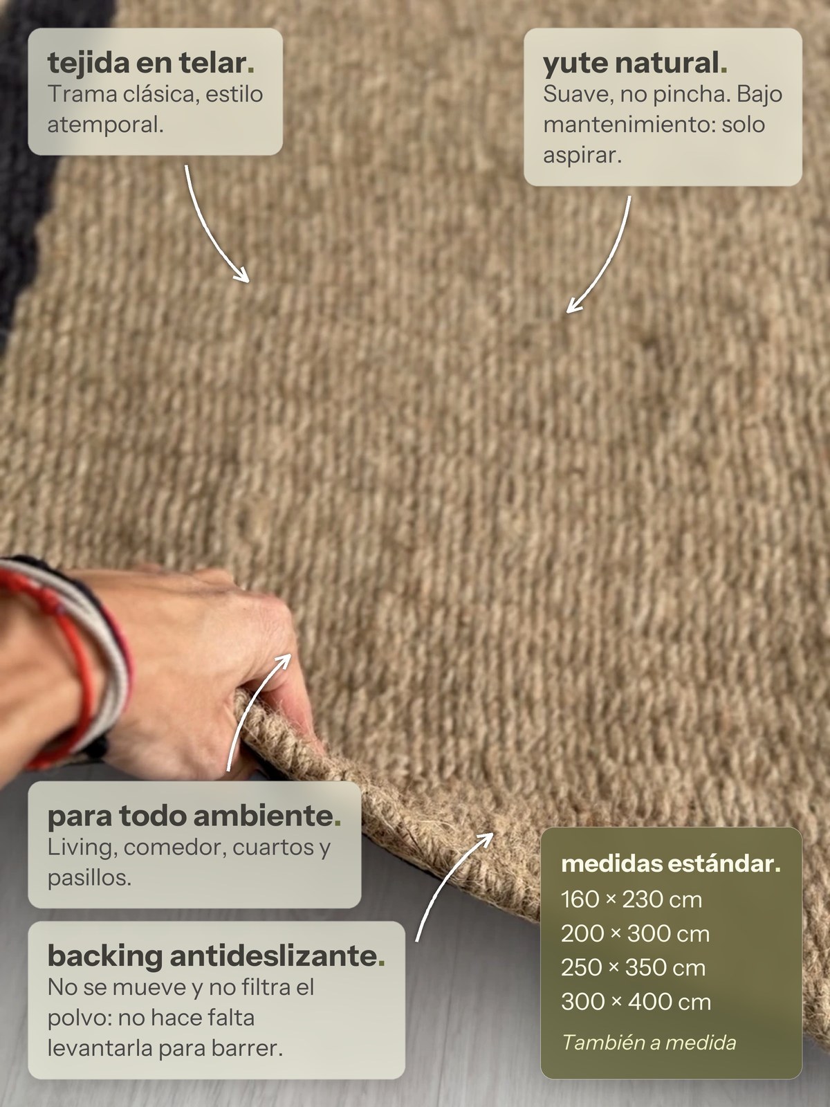 Características de la alfombra Lino de Yute Natural Rayas Negras de Finia Home