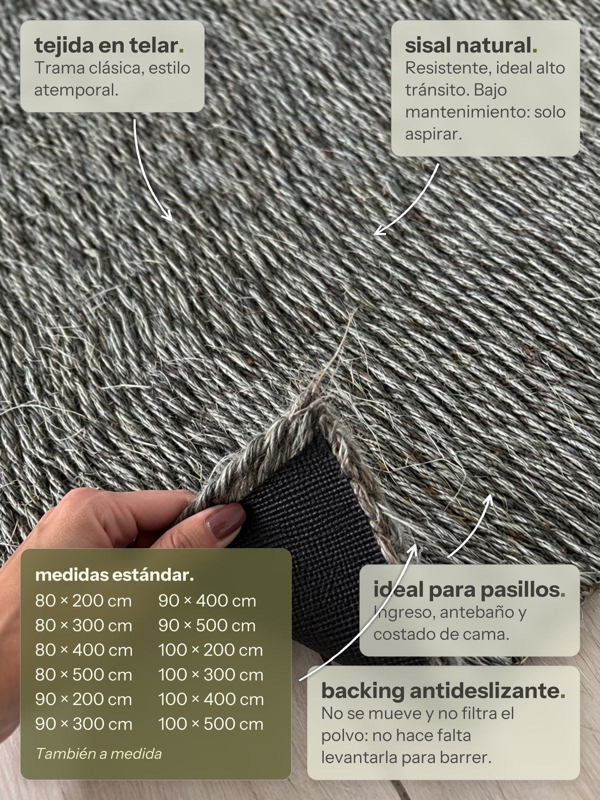 Características de la alfombra Pasillo Lino de Sisal Rayas Gris de Finia Home