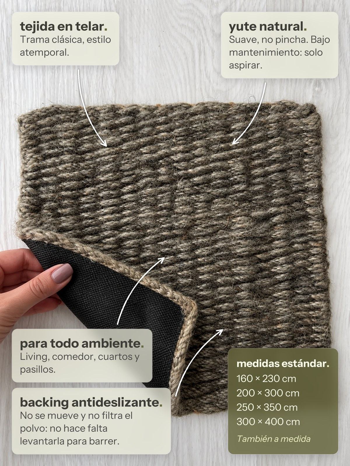 Características de la alfombra Lino de Yute Gris de Finia Home