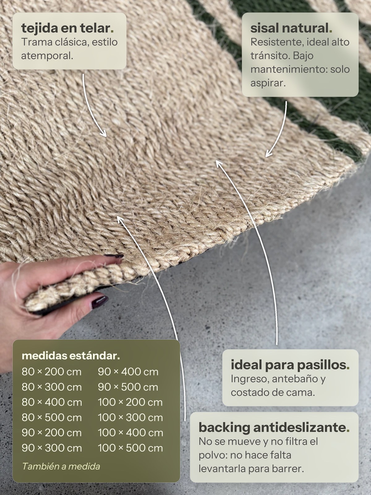 Características de la alfombra Pasillo Lino de Sisal Verde Botella de Finia Home