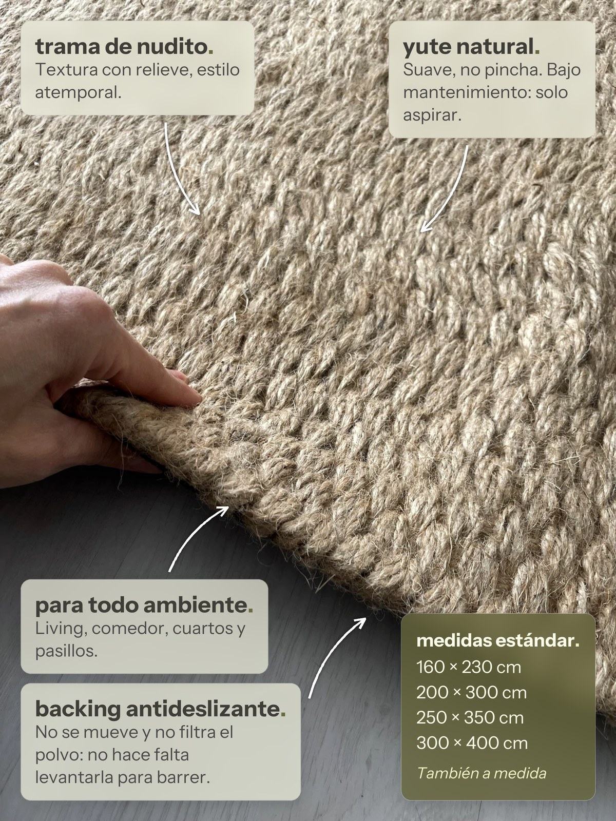 Características de la alfombra Almendra de Yute Natural de Finia Home