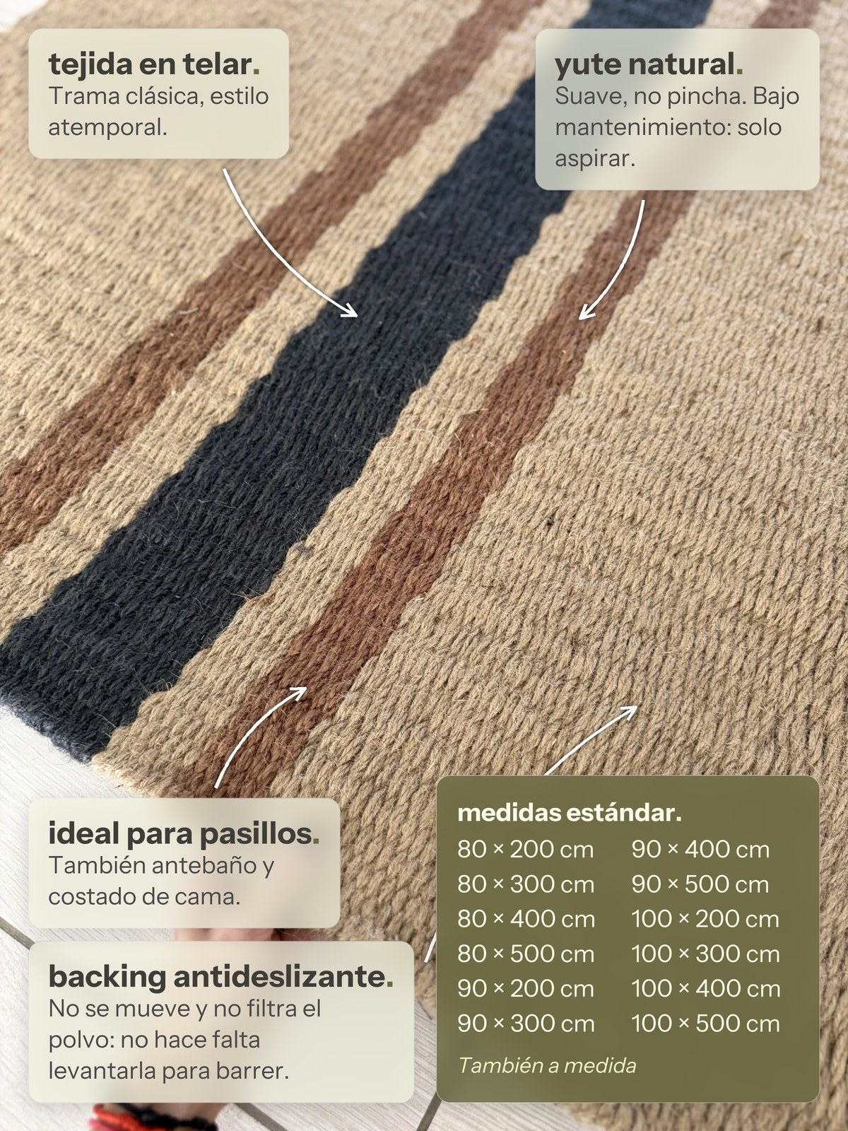 Características de la alfombra Pasillo Lino de Yute Negro y Marrón de Finia Home