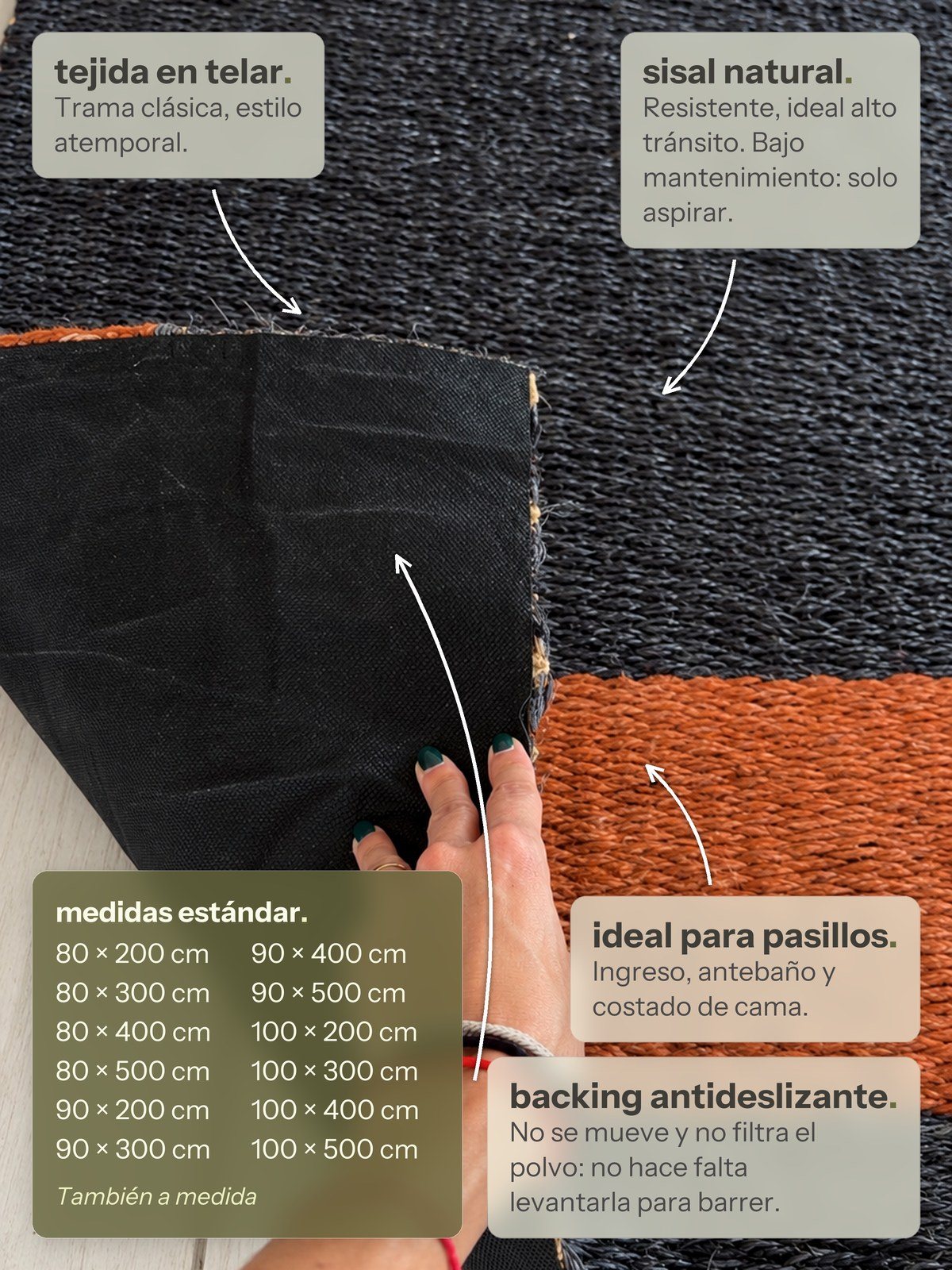 Características de la alfombra Pasillo Lino de Sisal Negro y Naranja de Finia Home