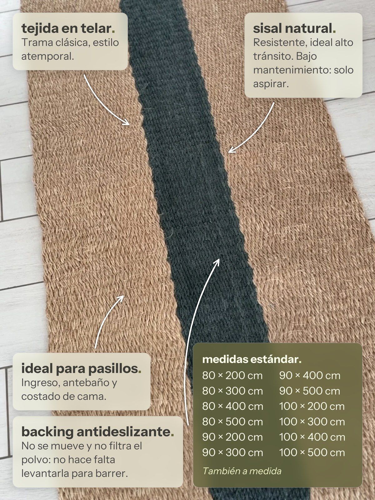 Características de la alfombra Pasillo Lino de Sisal Verde Inglés de Finia Home