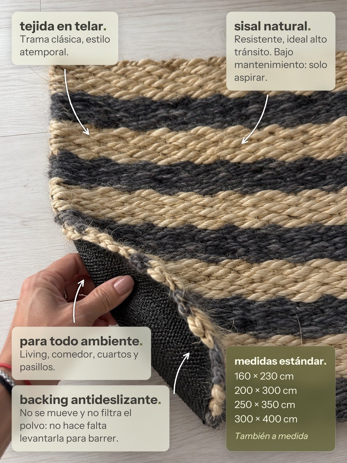 Características de la alfombra Lino de Sisal Gris Oscuro de Finia Home