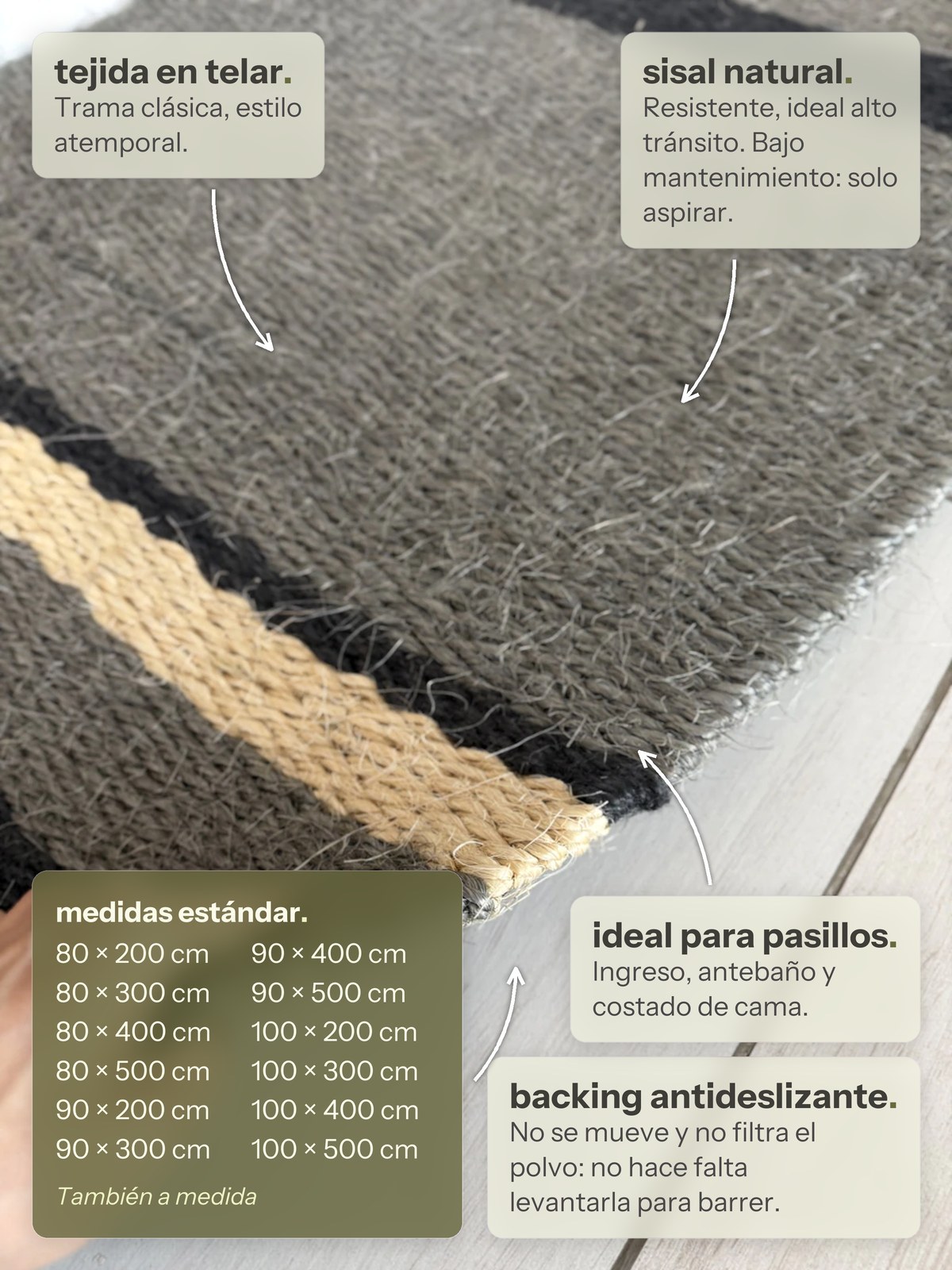 Características de la alfombra Pasillo Lino de Sisal Gris, Negro y Natural de Finia Home