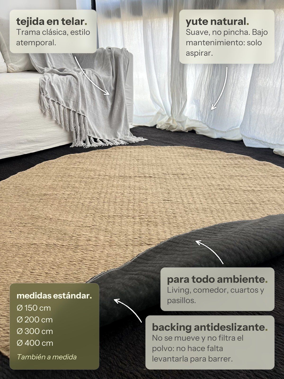Características de la alfombra Redonda Lino de Yute Marrón de Finia Home