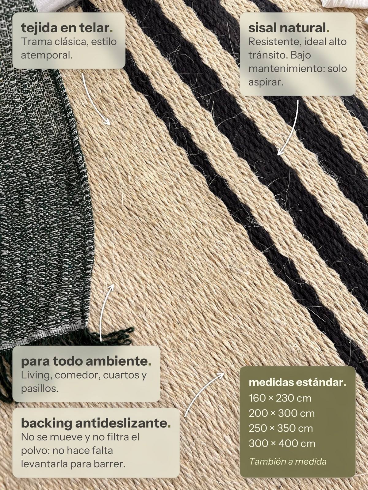 Características de la alfombra Lino de Sisal Rayas Negras de Finia Home
