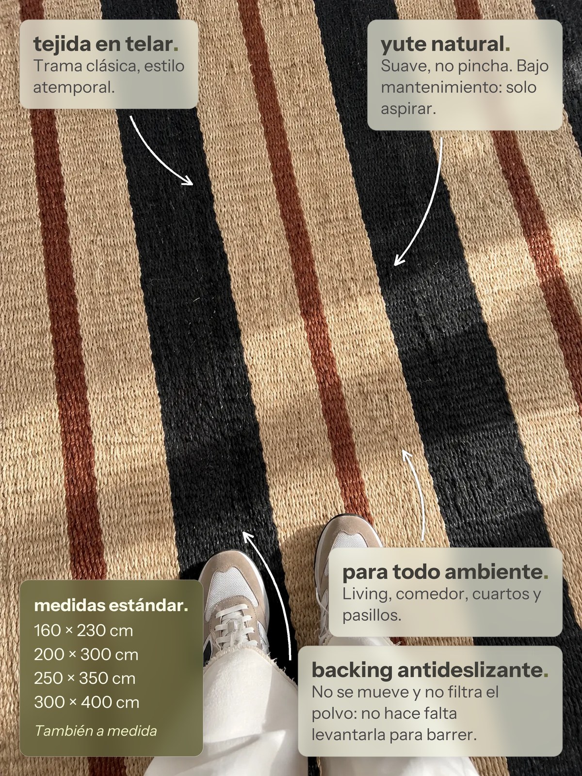 Características de la alfombra Lino de Yute Rayada Marrón y Negro de Finia Home