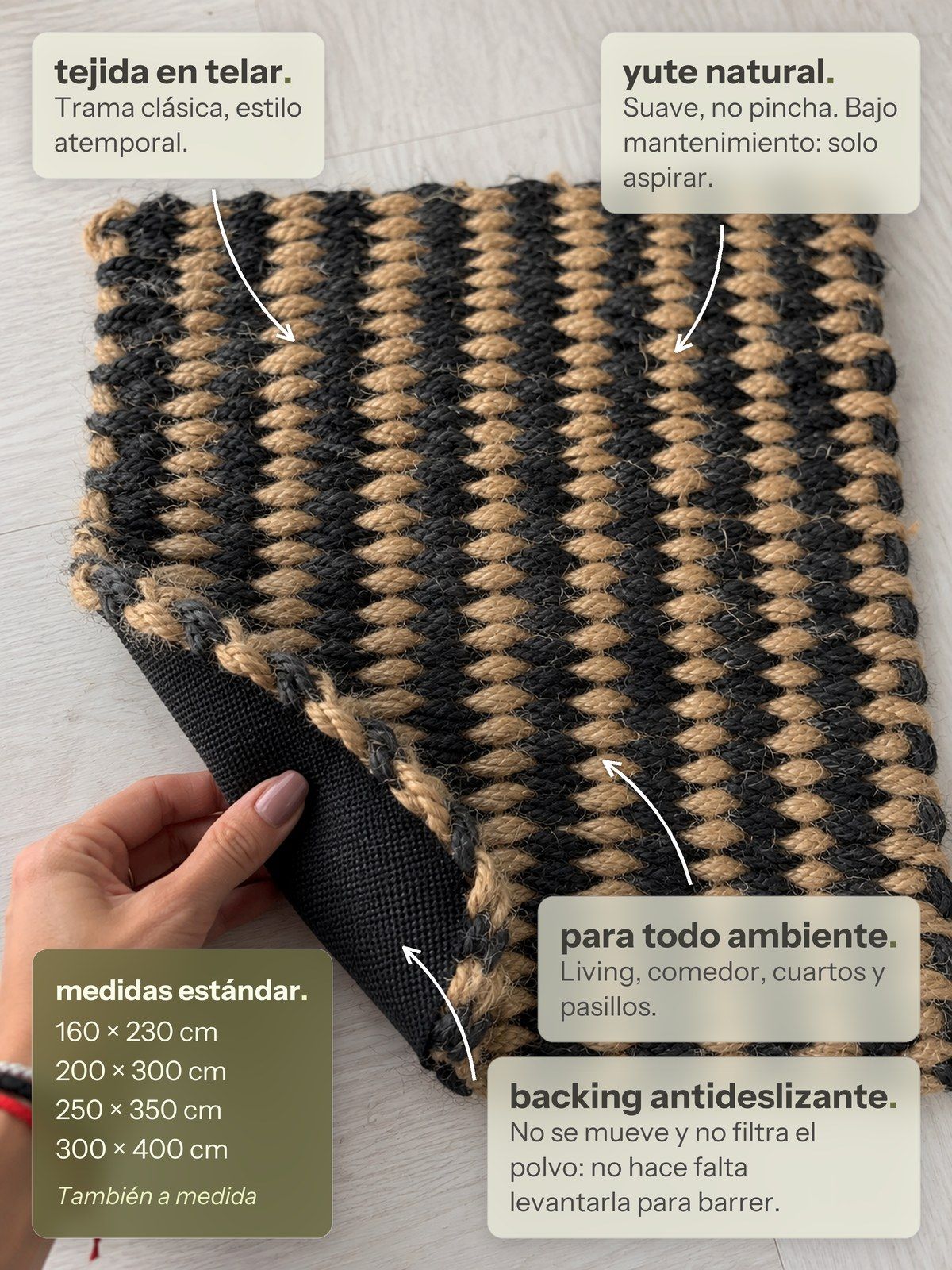 Características de la alfombra Lino de Yute Natural y Negro de Finia Home