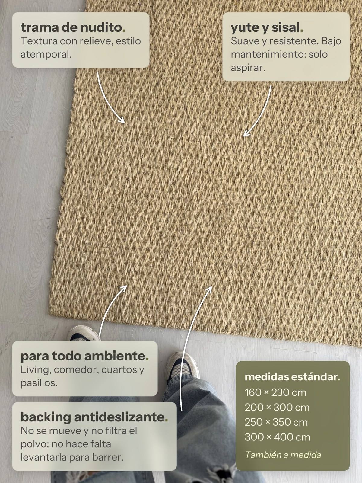 Características de la alfombra Almendra de Sisal con Encadenado de Yute de Finia Home