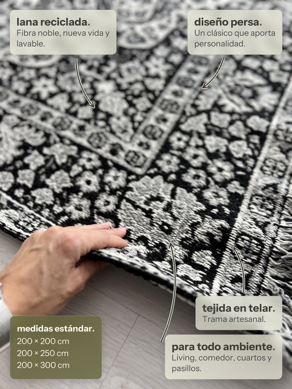 Características de la alfombra Persa Negro y Gris de Finia Home