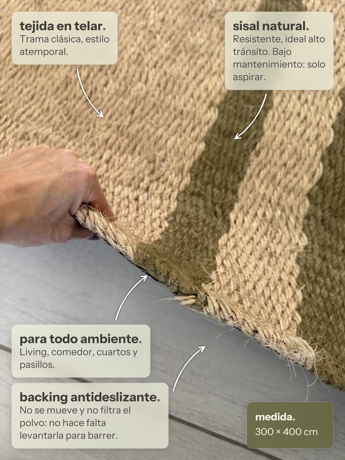 Características de la alfombra Lino de Sisal Oliva de Finia Home