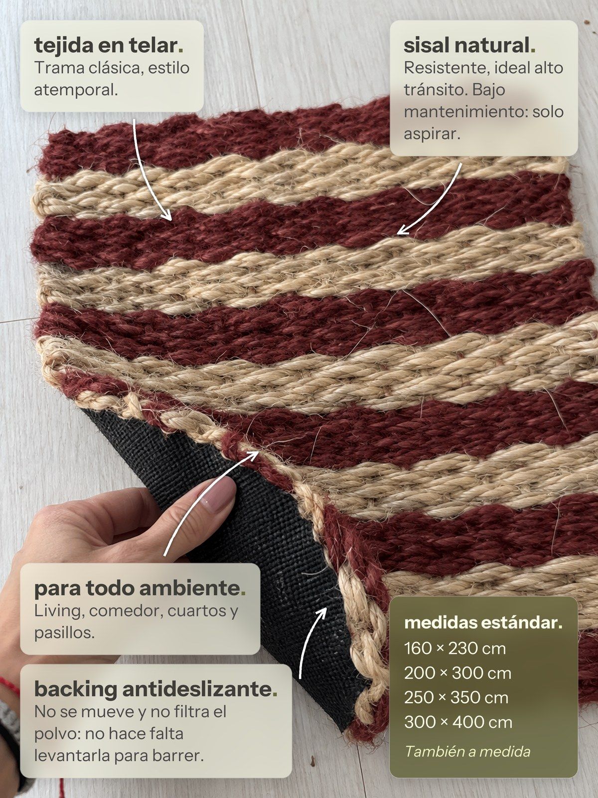 Características de la alfombra Lino de Sisal Bordó de Finia Home