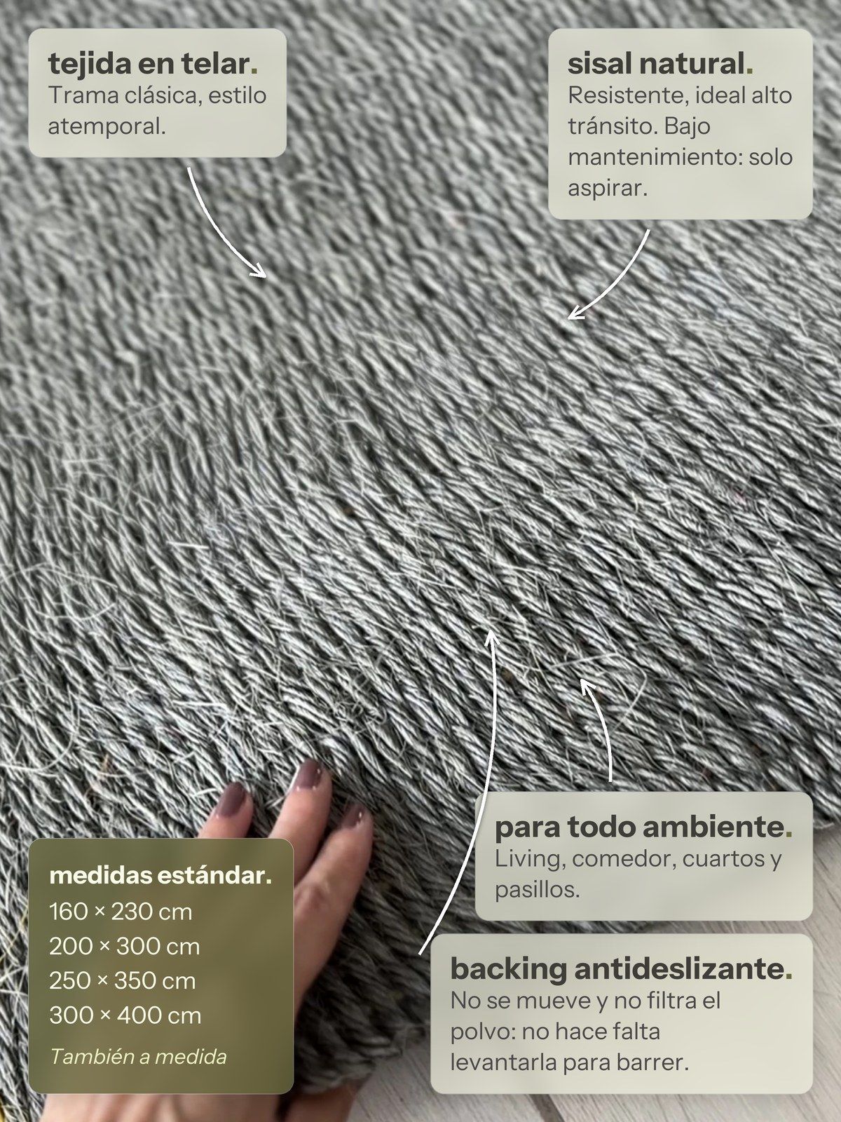 Características de la alfombra Lino de Sisal Gris de Finia Home