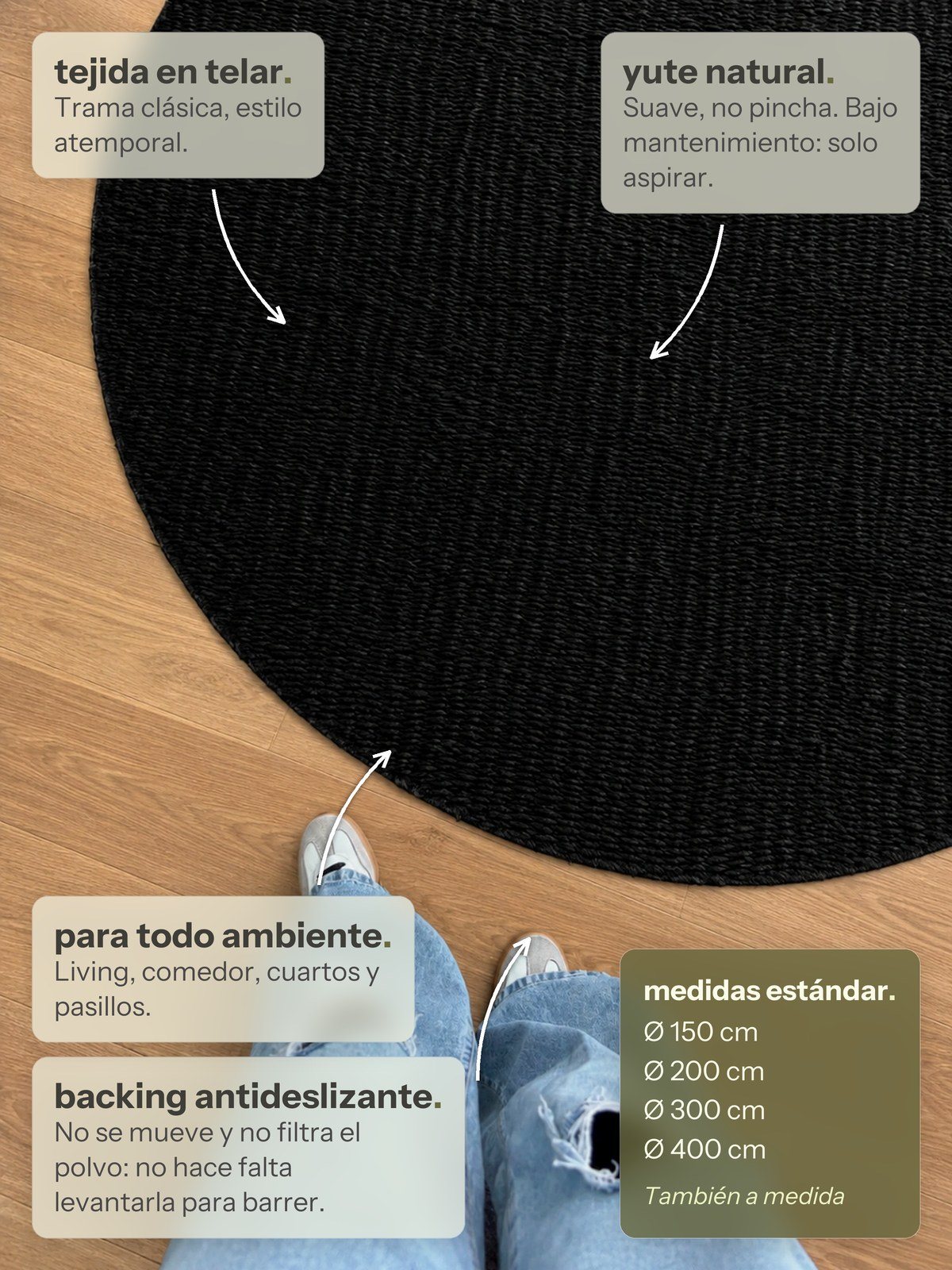 Características de la alfombra Redonda Lino de Yute Negro de Finia Home