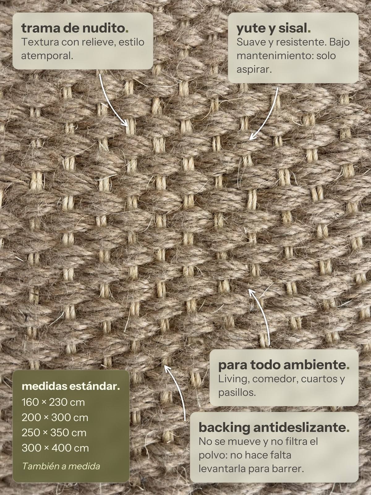 Características de la alfombra Almendra de Yute con Encadenado de Sisal de Finia Home