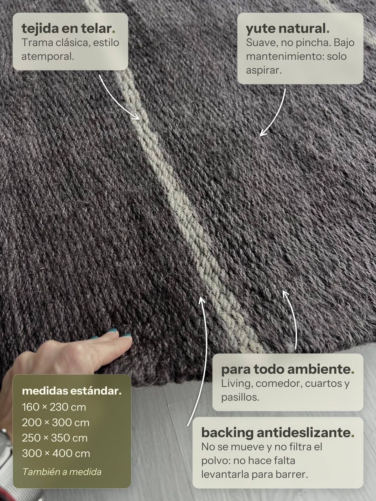 Características de la alfombra Lino de Yute Negro Rayas Grises de Finia Home