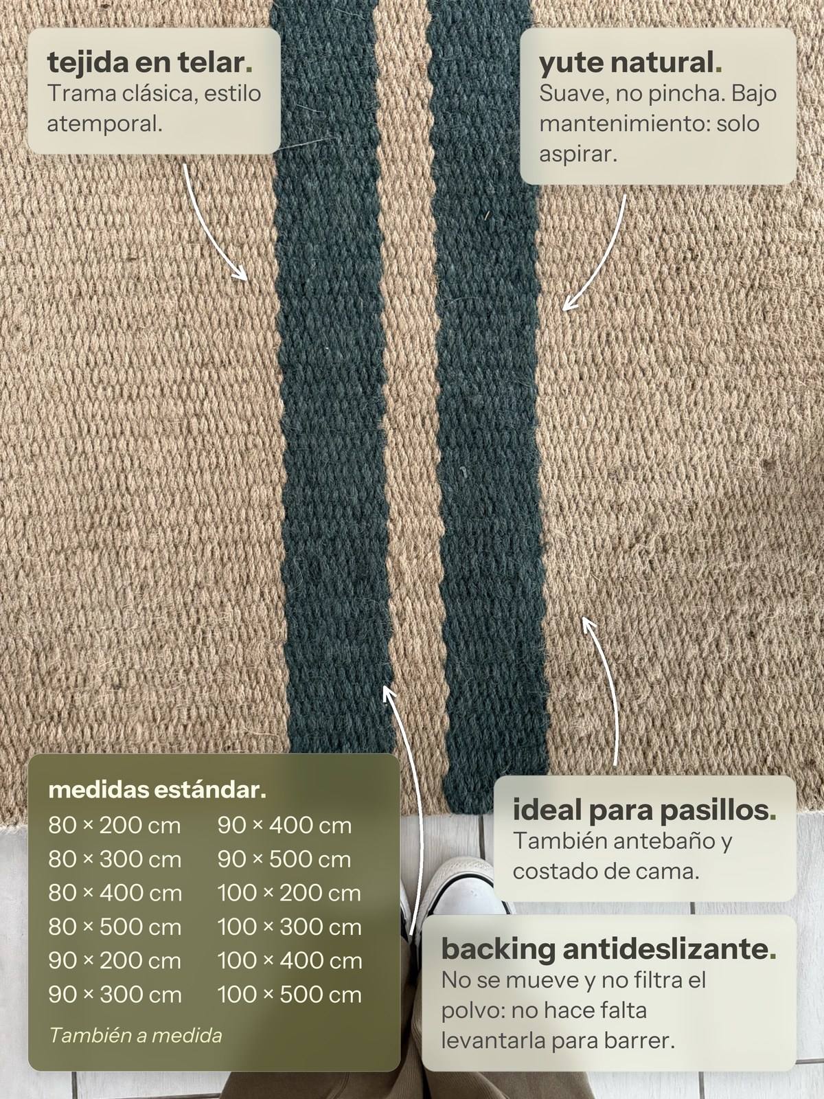 Características de la alfombra Pasillo Lino de Yute Líneas Verdes de Finia Home