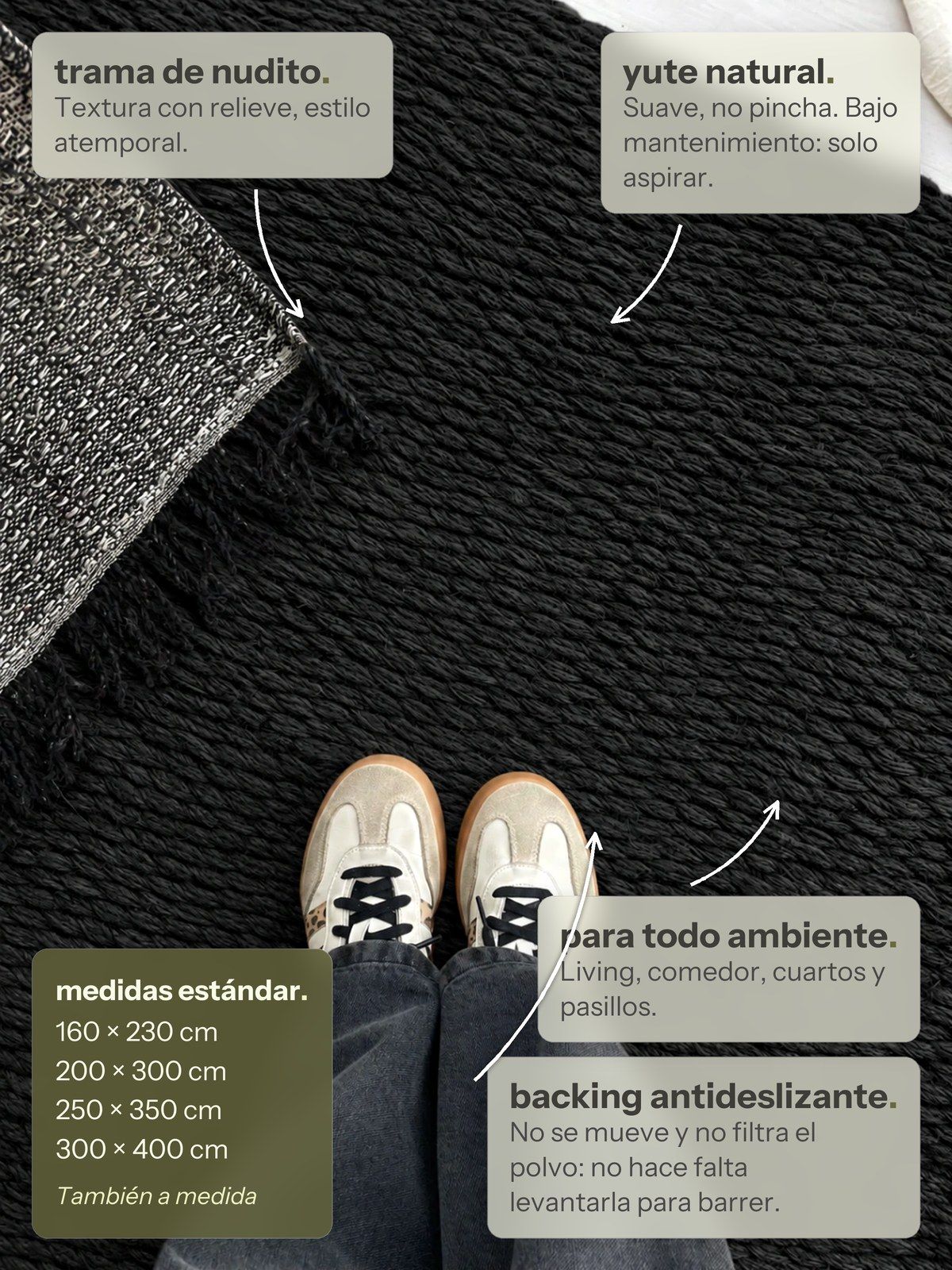 Características de la alfombra Almendra de Yute Negro de Finia Home