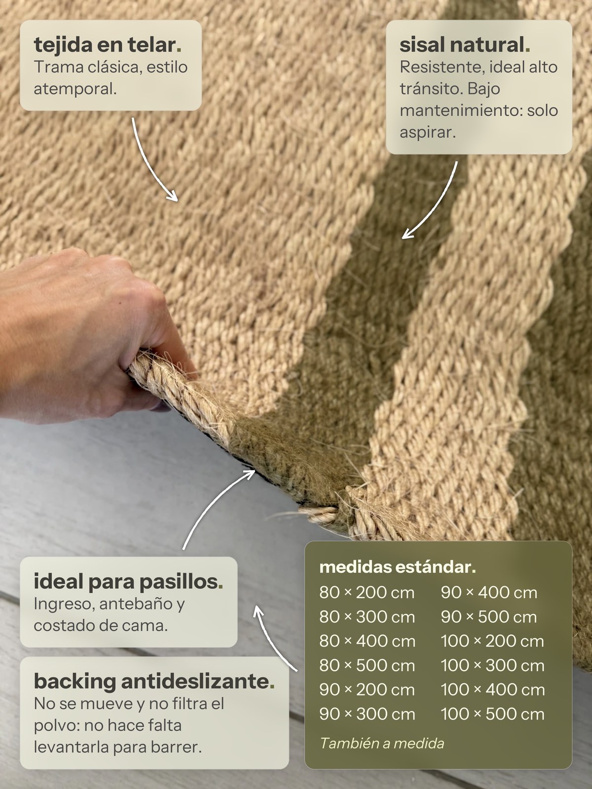 Características de la alfombra Pasillo Lino de Sisal Oliva de Finia Home