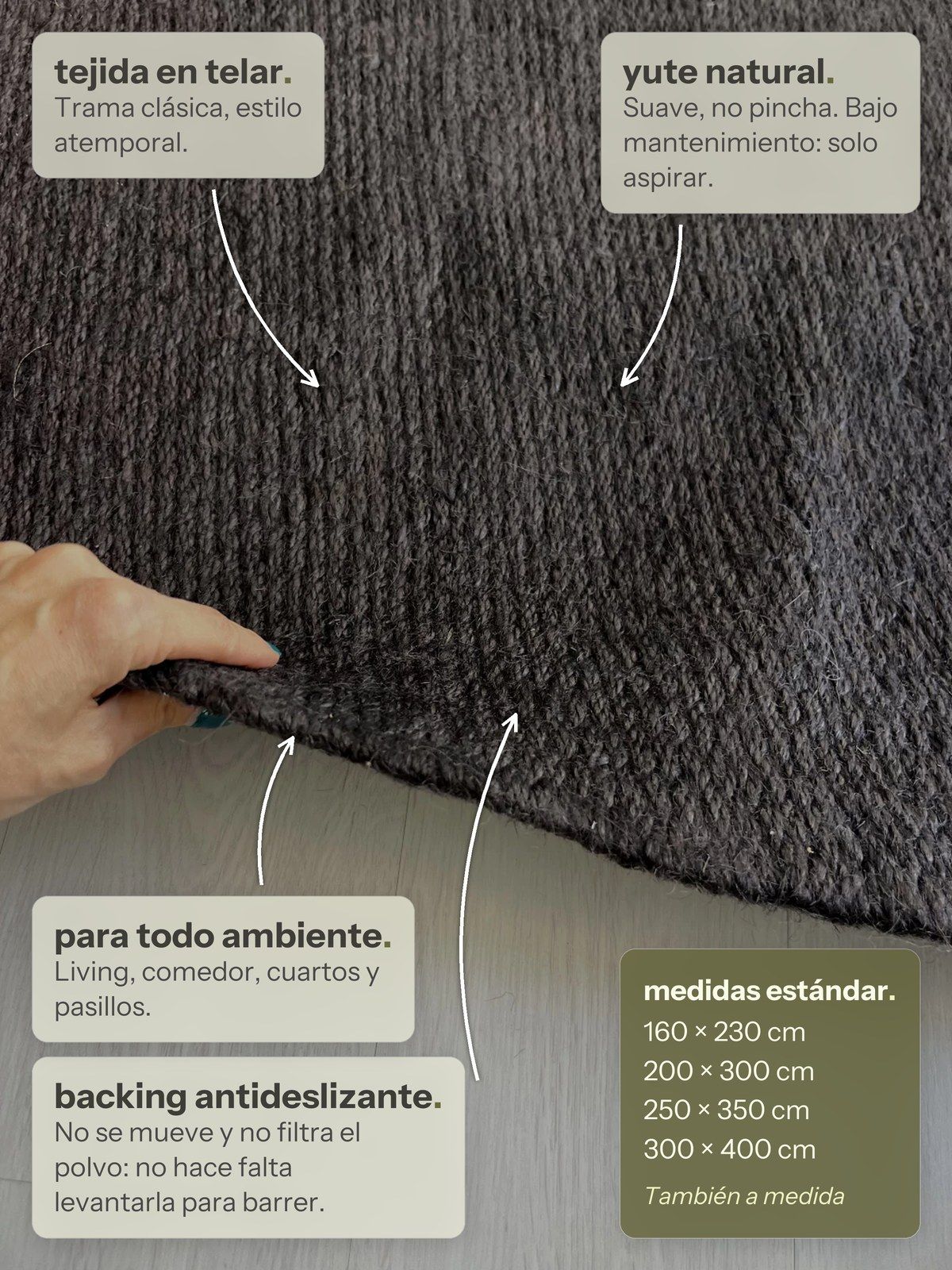 Características de la alfombra Lino de Yute Negro de Finia Home