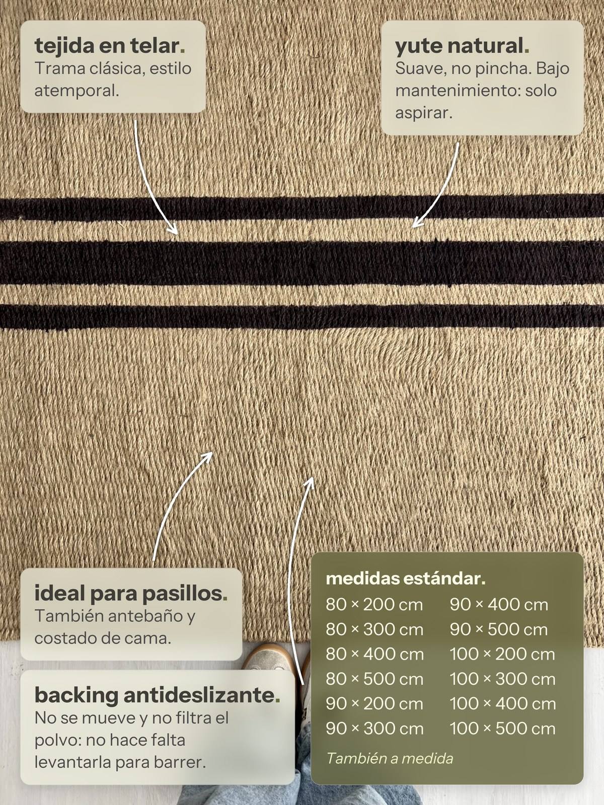 Características de la alfombra Pasillo Lino de Yute Líneas Negras de Finia Home