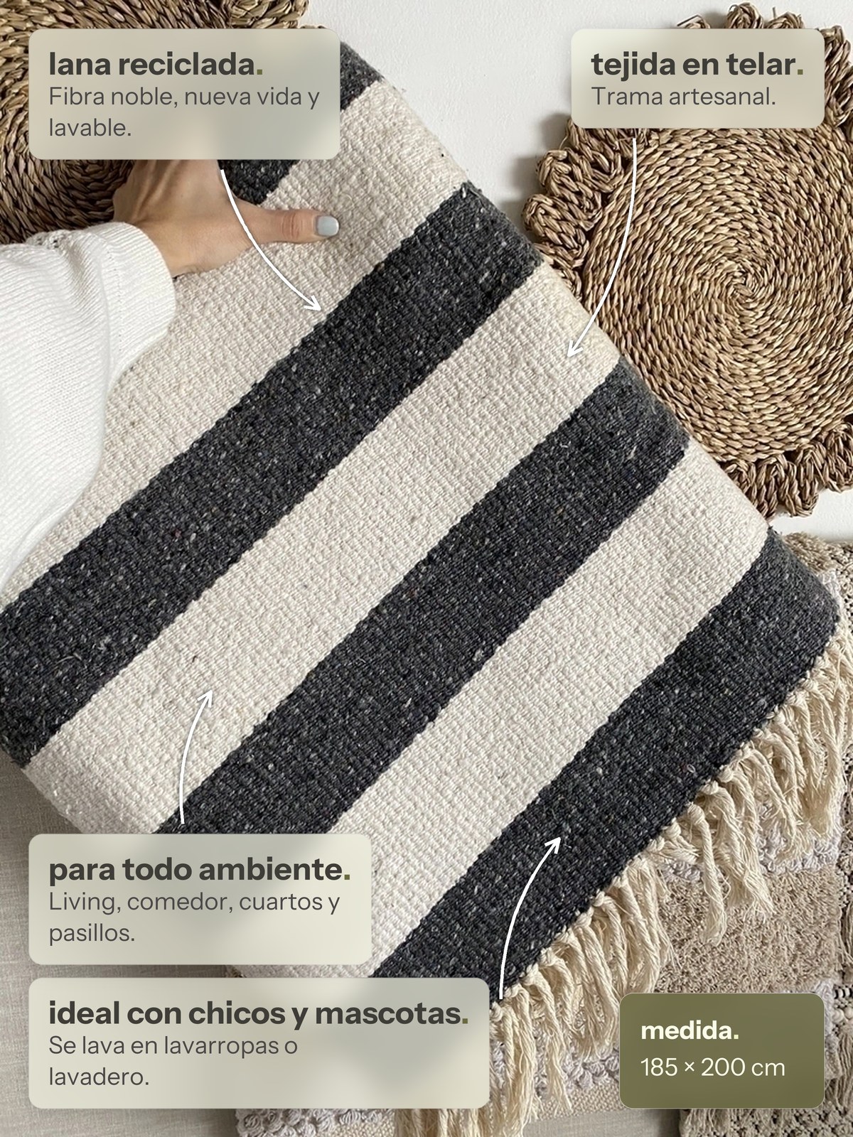 Características de la alfombra Salta Gris Oscuro y Natural de Finia Home
